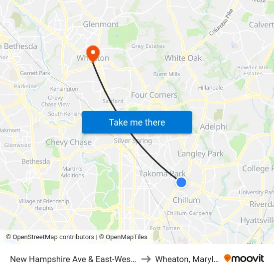 New Hampshire Ave & East-West Hwy to Wheaton, Maryland map