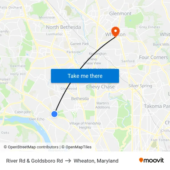 River Rd & Goldsboro Rd to Wheaton, Maryland map