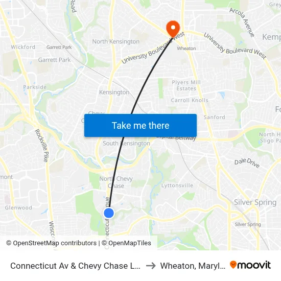 Connecticut Av & Chevy Chase Lake Dr to Wheaton, Maryland map
