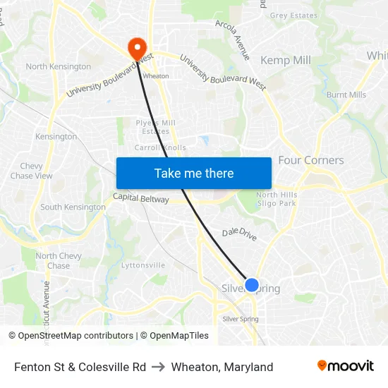 Fenton St & Colesville Rd to Wheaton, Maryland map
