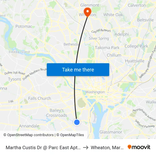 Martha Custis Dr @ Parc East Apts #1225 to Wheaton, Maryland map