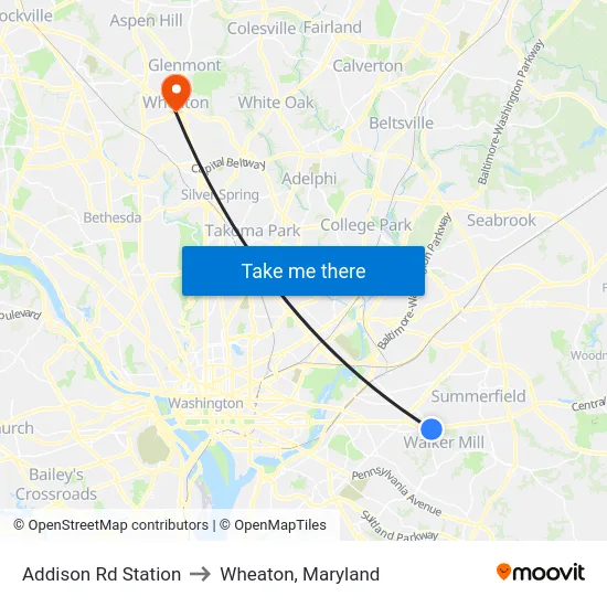 Addison Rd Station to Wheaton, Maryland map