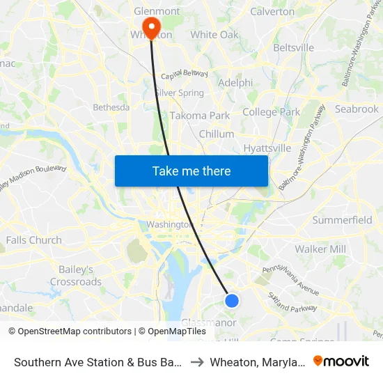 Southern Ave Station & Bus Bay Q to Wheaton, Maryland map