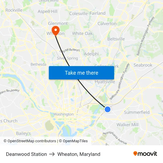 Deanwood Station to Wheaton, Maryland map