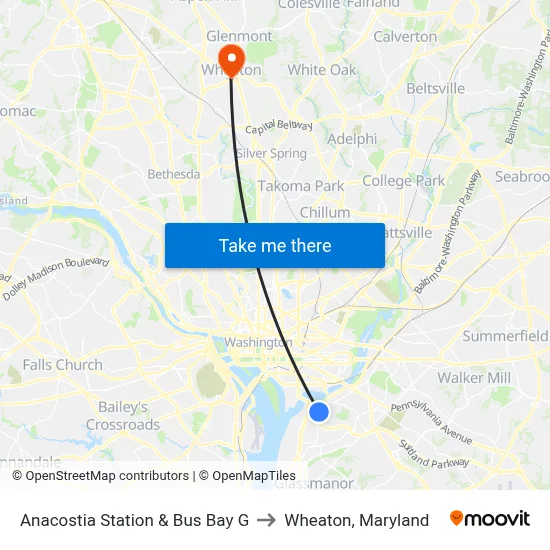 Anacostia Station & Bus Bay G to Wheaton, Maryland map
