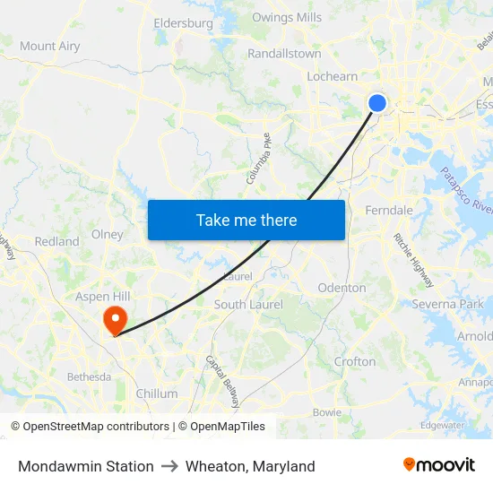 Mondawmin Station to Wheaton, Maryland map