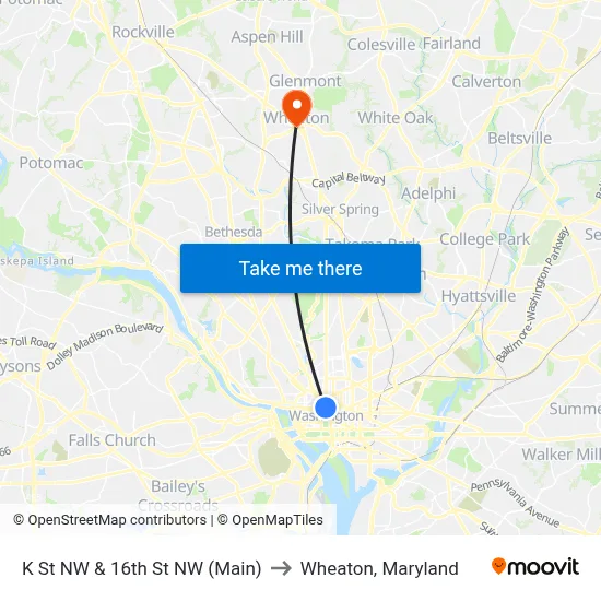 K St NW & 16th St NW (Main) to Wheaton, Maryland map