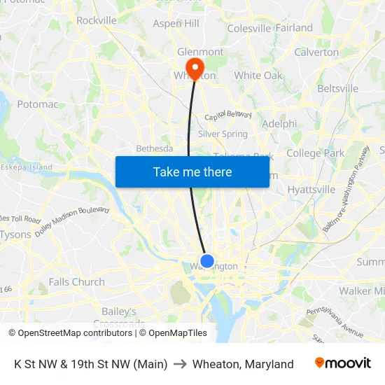 K St NW & 19th St NW (Main) to Wheaton, Maryland map