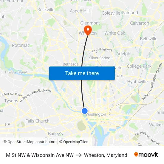 M St NW & Wisconsin Ave NW to Wheaton, Maryland map