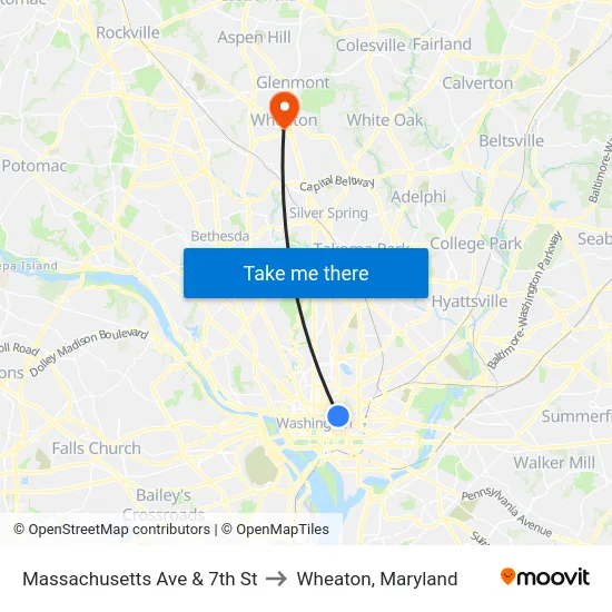 Massachusetts Ave & 7th St to Wheaton, Maryland map