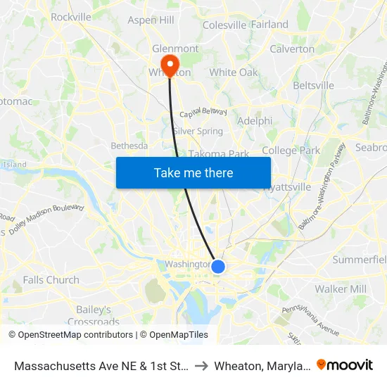 Massachusetts Ave NE & 1st St NE to Wheaton, Maryland map