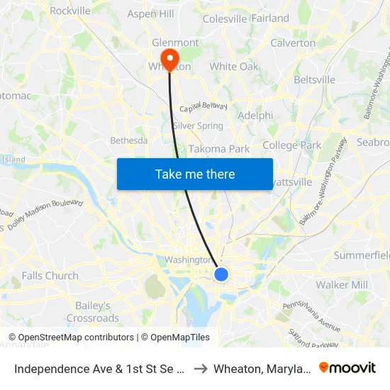 Independence Ave & 1st St Se Wb to Wheaton, Maryland map