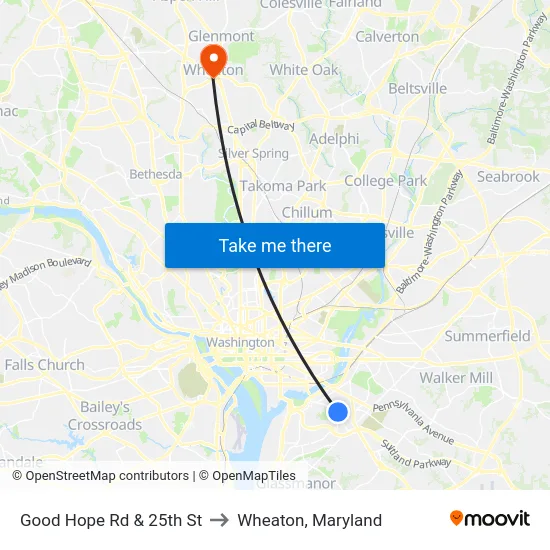 Good Hope Rd & 25th St to Wheaton, Maryland map