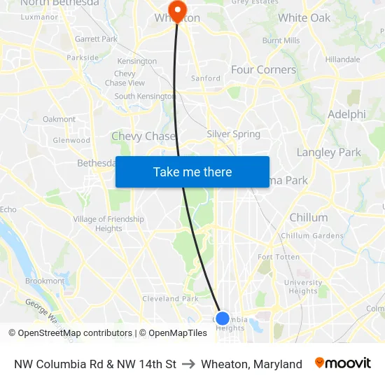 NW Columbia Rd & NW 14th St to Wheaton, Maryland map