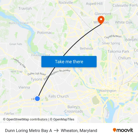 Dunn Loring Metro Bay A to Wheaton, Maryland map