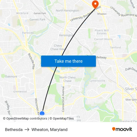 Bethesda to Wheaton, Maryland map