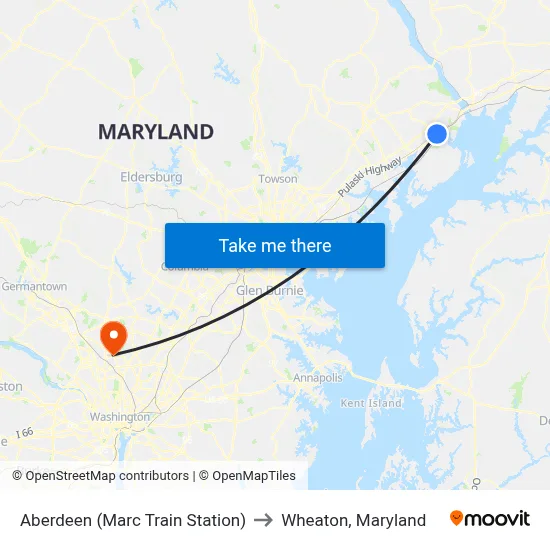 Aberdeen (Marc Train Station) to Wheaton, Maryland map