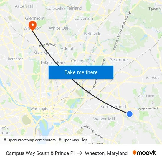 Campus Way South & Prince Pl to Wheaton, Maryland map