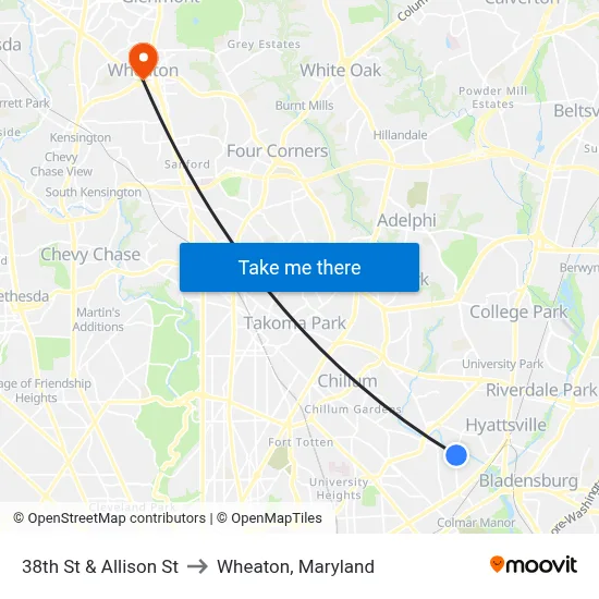 38th St & Allison St to Wheaton, Maryland map