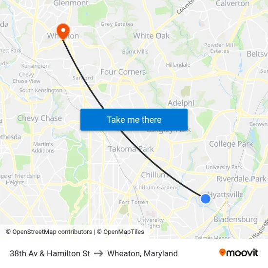 38th Av & Hamilton St to Wheaton, Maryland map