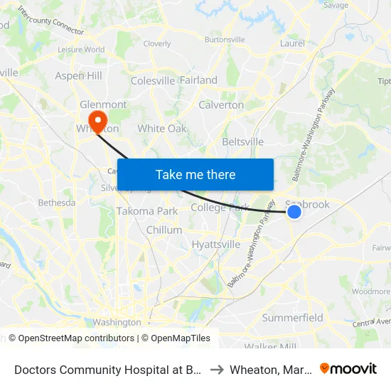 Doctors Community Hospital at Bus Shelter to Wheaton, Maryland map