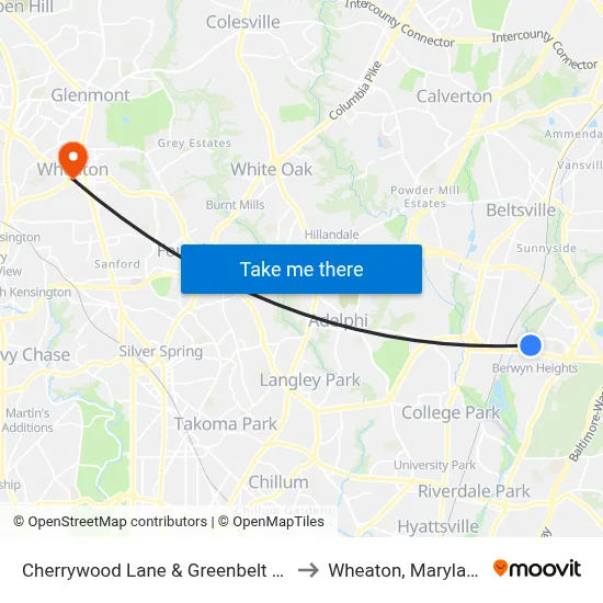 Cherrywood Lane & Greenbelt Rd to Wheaton, Maryland map