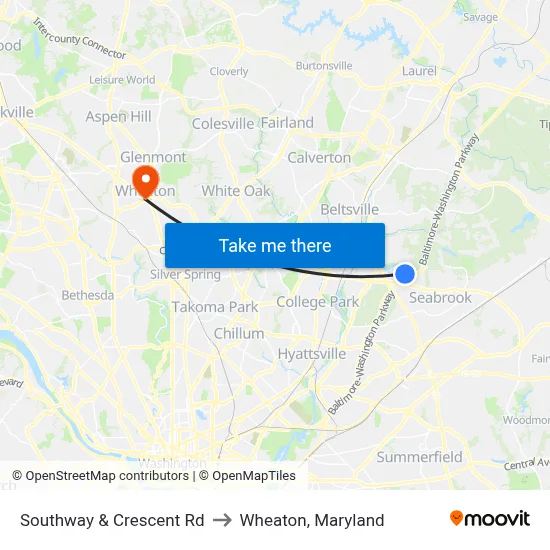 Southway & Crescent Rd to Wheaton, Maryland map