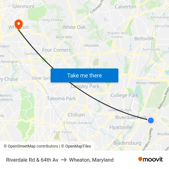 Riverdale Rd & 64th Av to Wheaton, Maryland map