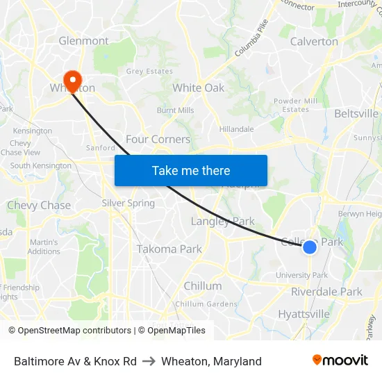 Baltimore Av & Knox Rd to Wheaton, Maryland map