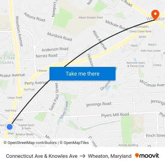 Connecticut Ave & Knowles Ave to Wheaton, Maryland map