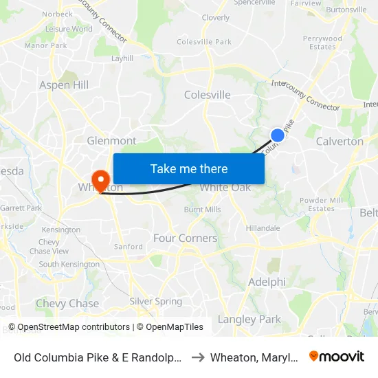 Old Columbia Pike & E Randolph Rd to Wheaton, Maryland map