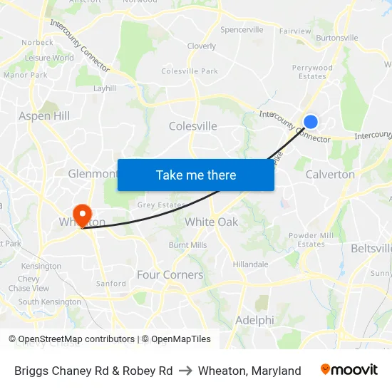 Briggs Chaney Rd & Robey Rd to Wheaton, Maryland map