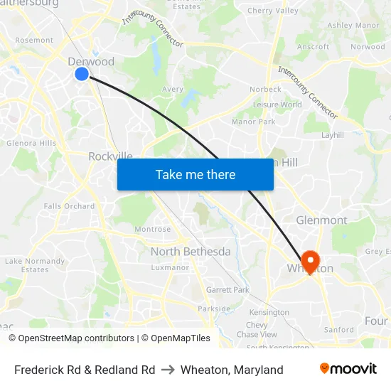 Frederick Rd & Redland  Rd to Wheaton, Maryland map