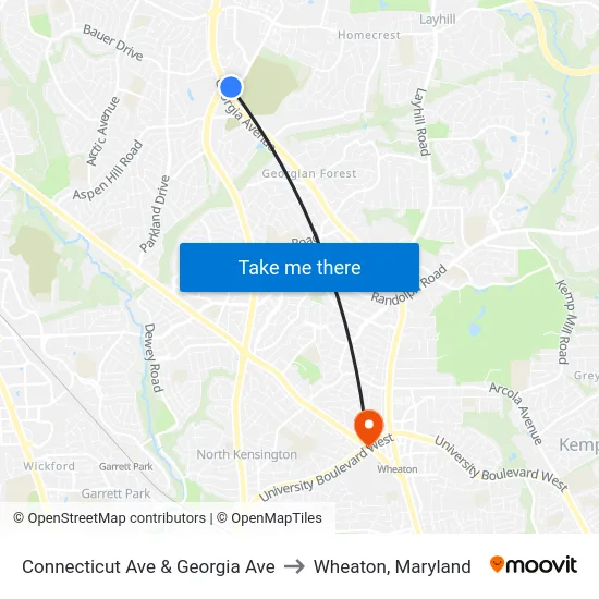 Connecticut Ave & Georgia Ave to Wheaton, Maryland map