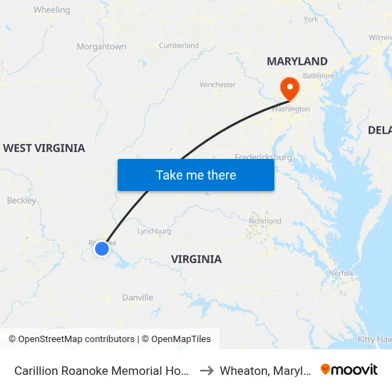 Carillion Roanoke Memorial Hospital to Wheaton, Maryland map