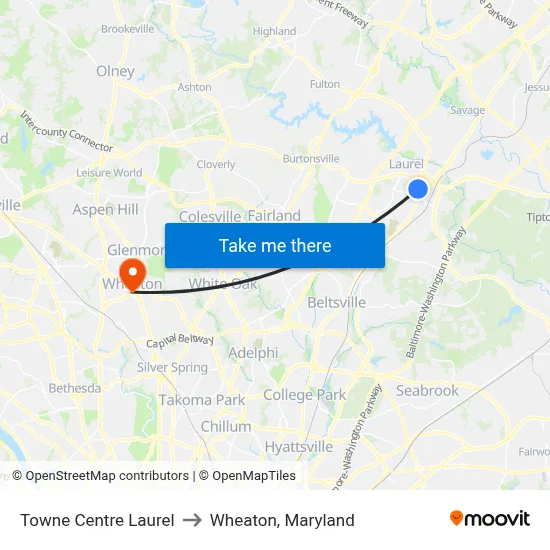 Towne Centre Laurel to Wheaton, Maryland map