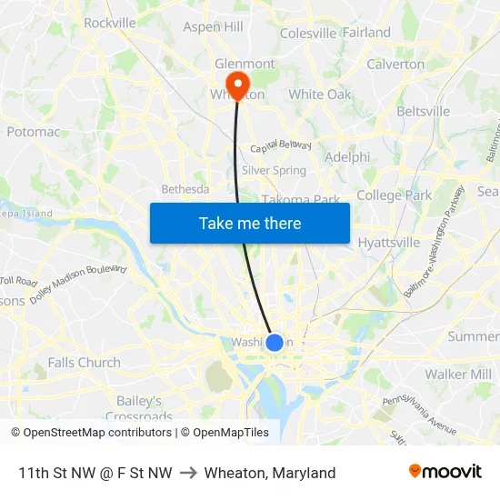 11th St NW @ F St NW to Wheaton, Maryland map