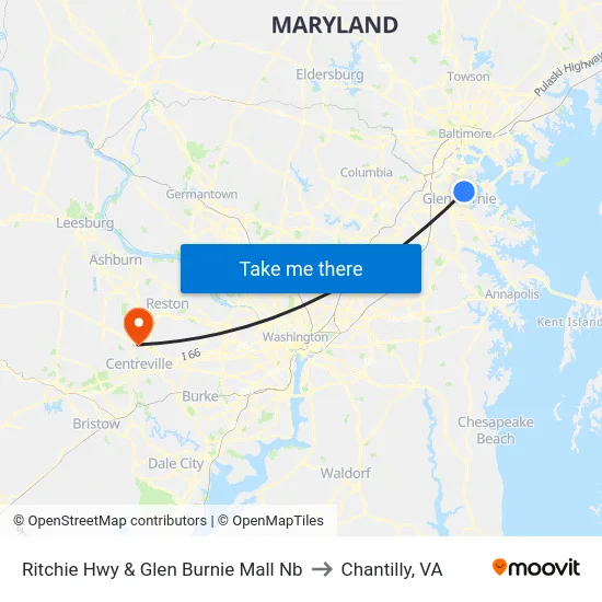 Ritchie Hwy & Glen Burnie Mall Nb to Chantilly, VA map