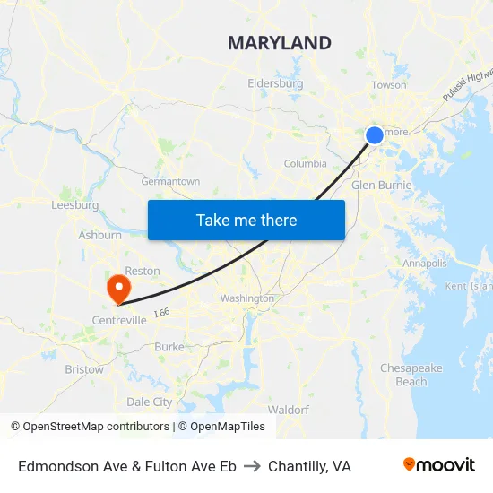 Edmondson Ave & Fulton Ave Eb to Chantilly, VA map