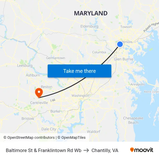 Baltimore St & Franklintown Rd Wb to Chantilly, VA map