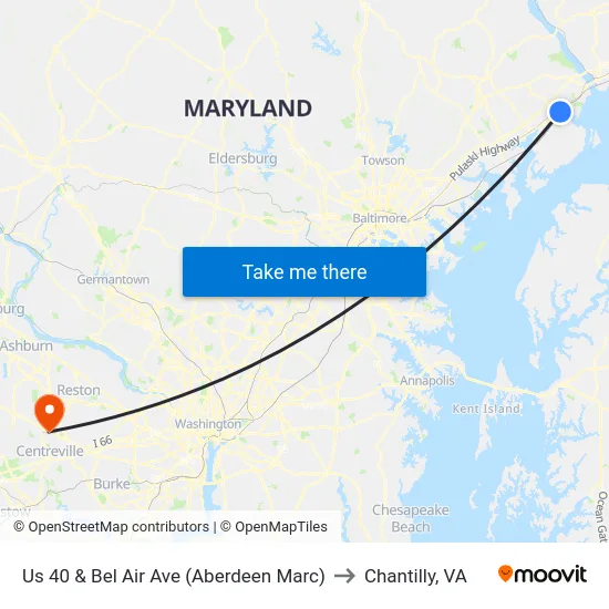 Us 40 & Bel Air Ave (Aberdeen Marc) to Chantilly, VA map