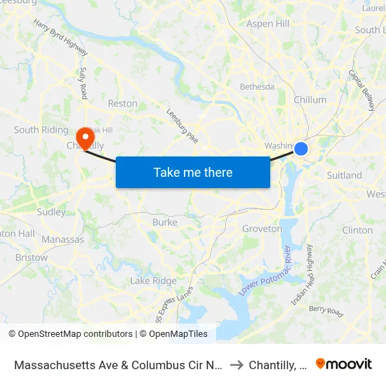 Massachusetts Ave & Columbus Cir NE Eb to Chantilly, VA map