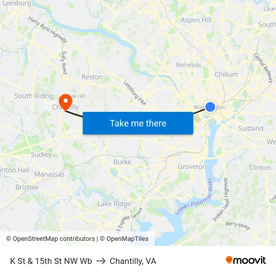 K St & 15th St NW Wb to Chantilly, VA map