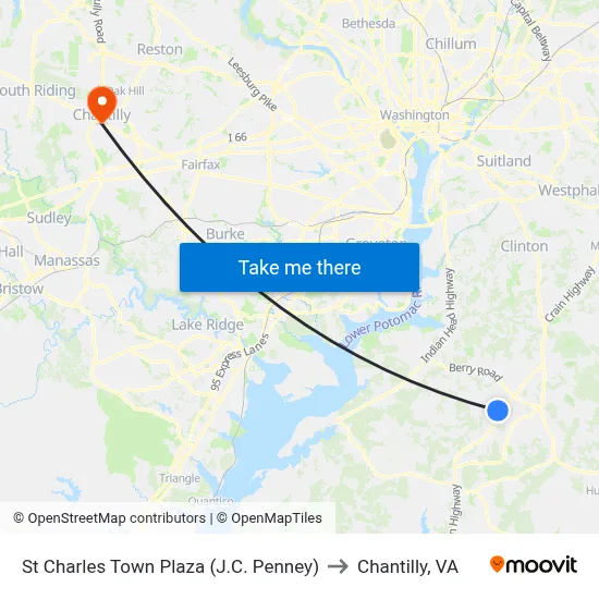 St Charles Town Plaza (J.C. Penney) to Chantilly, VA map