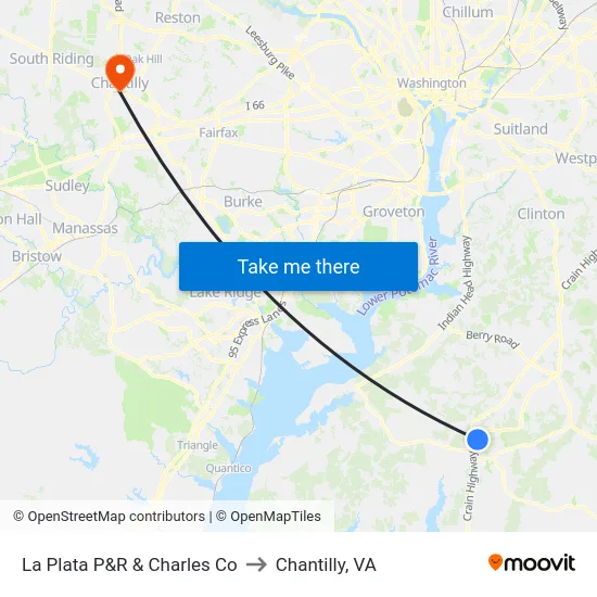 La Plata P&R & Charles Co to Chantilly, VA map