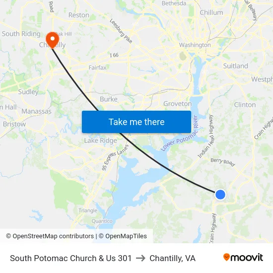 South Potomac Church & Us 301 to Chantilly, VA map