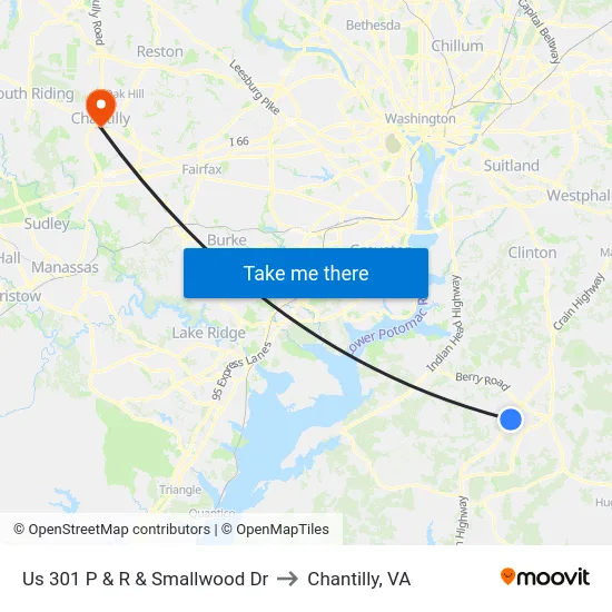 Us 301 P & R & Smallwood Dr to Chantilly, VA map