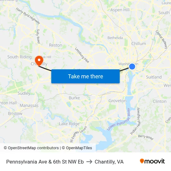 Pennsylvania Ave & 6th St NW Eb to Chantilly, VA map