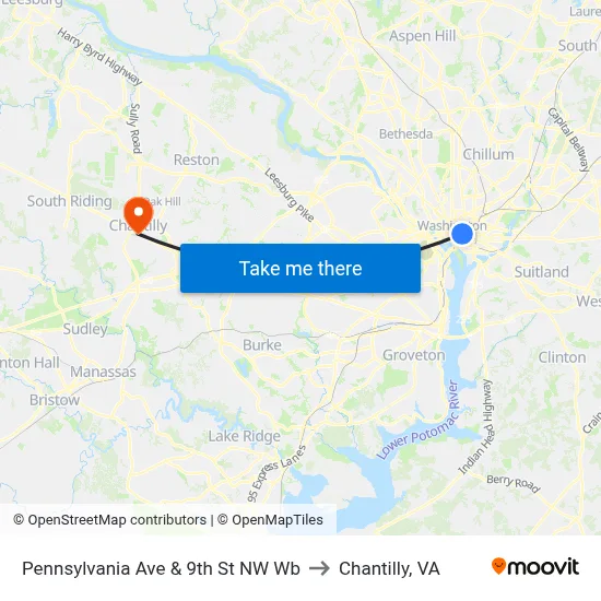 Pennsylvania Ave & 9th St NW Wb to Chantilly, VA map