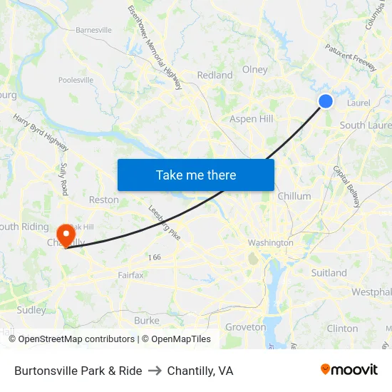 Burtonsville Park & Ride to Chantilly, VA map